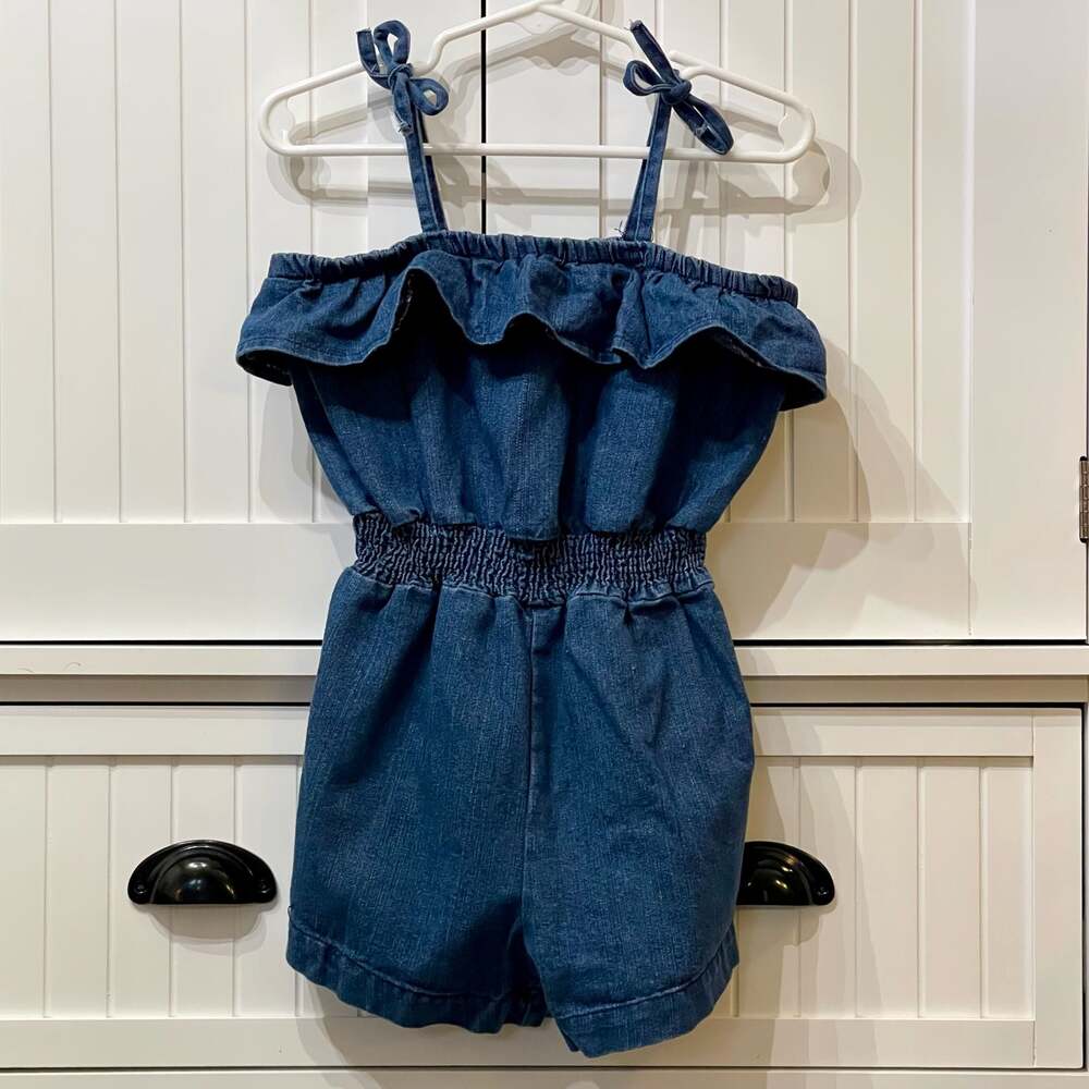 Mud Pie Toddler Girls Denim Ruffle Off-The-Shoulder Romper with Tie Straps